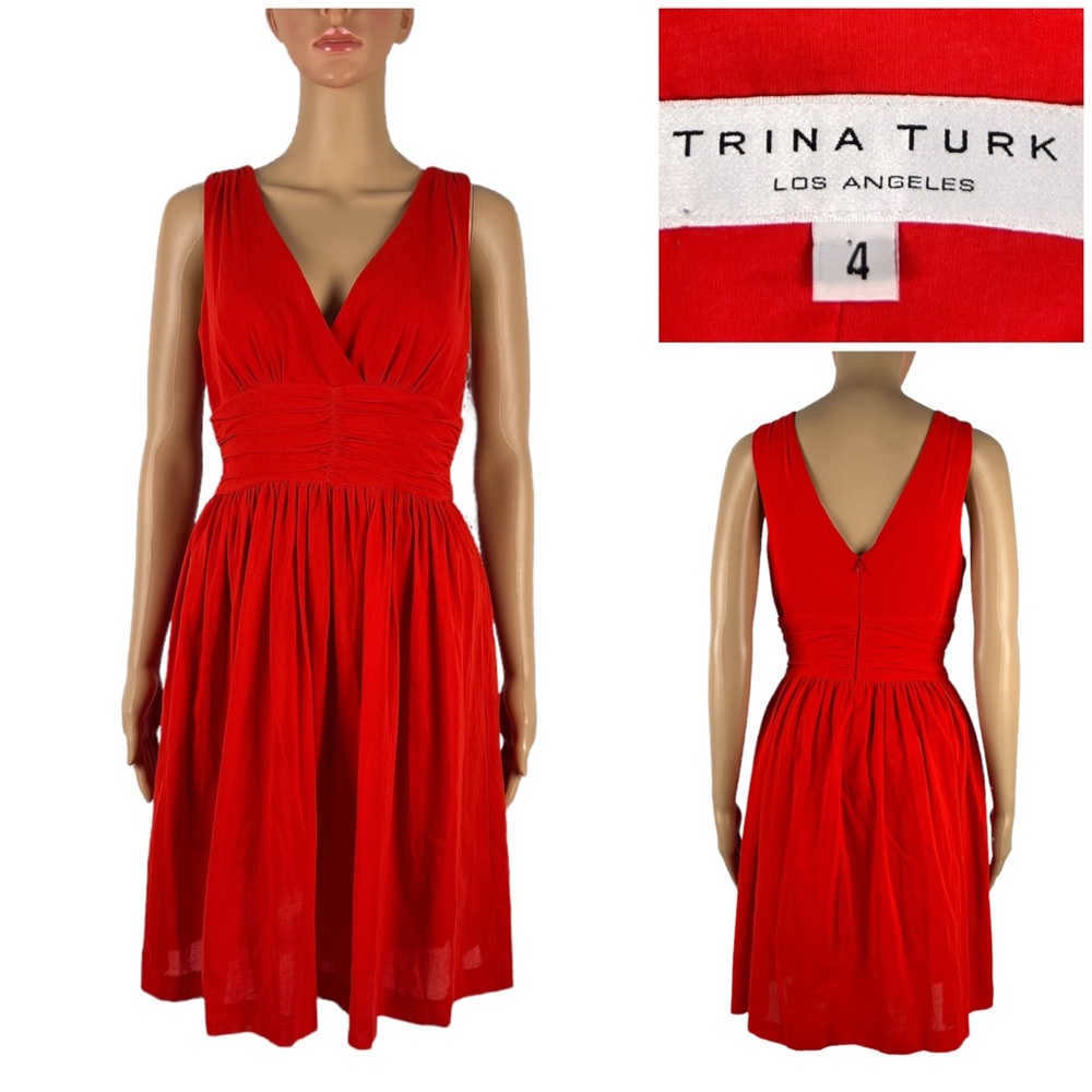 TRINA TURK Womens 4 Dress Red Reina Ruched V Neck Fit & Flare Sleeveless A Line